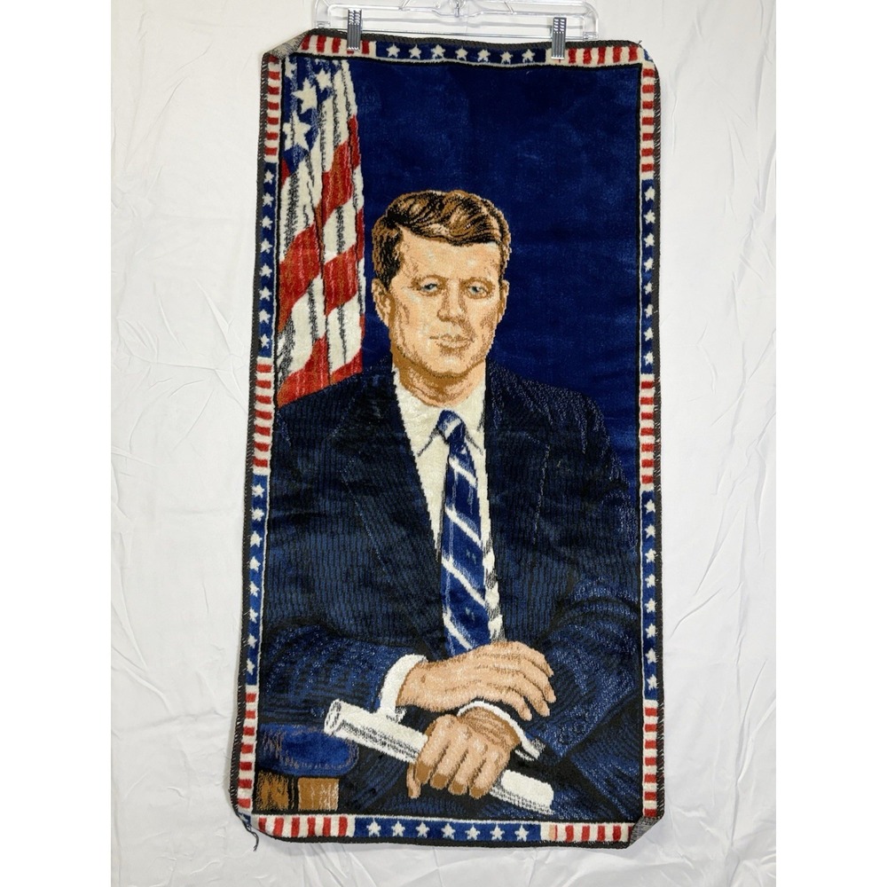 Vintage 1964 JFK‎ Tapestry Wall Hanging Made In Italy 19x38 Patriotic Flag